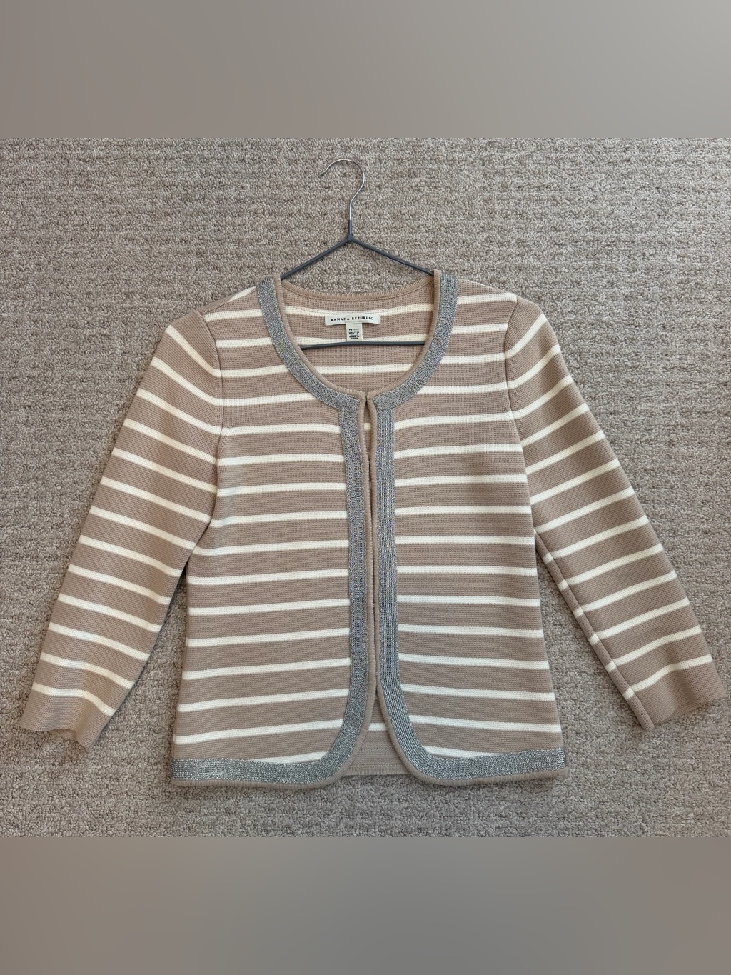 Banana Republic Taupe & Cream Striped Open Cardigan With Metallic Trim